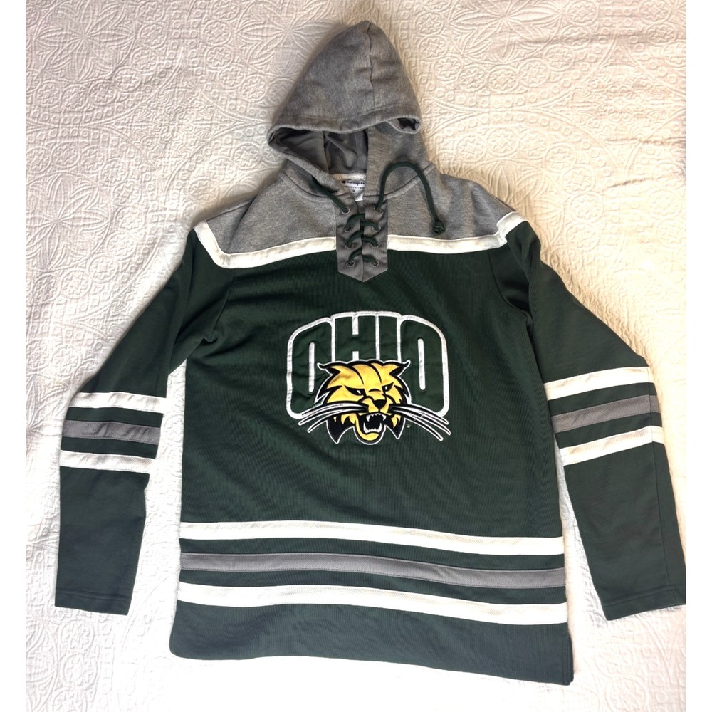 Champions Unisex Ohio Univ Green Grey‎ Lace Up Pullover Hoodie Medium Fleece EUC